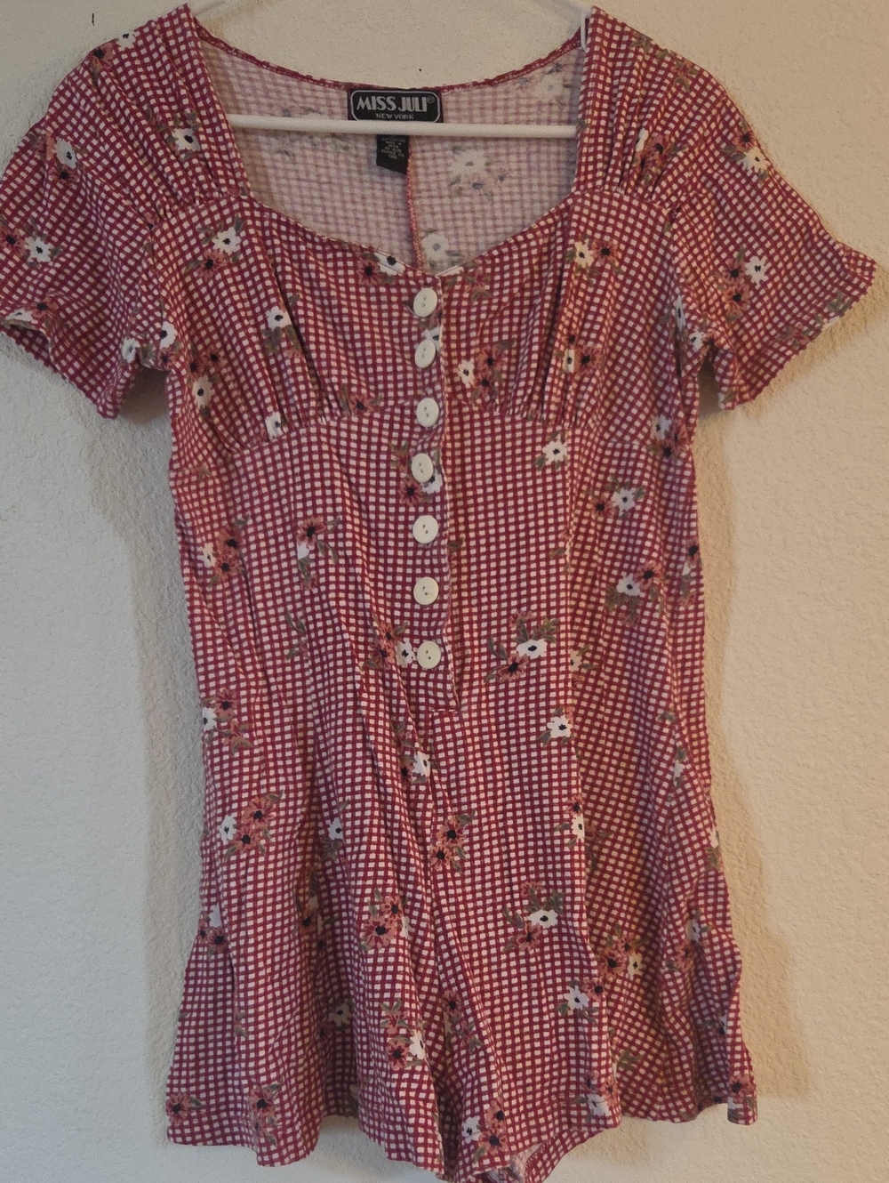 Miss Juli Red Gingham Floral Button-Front Romper